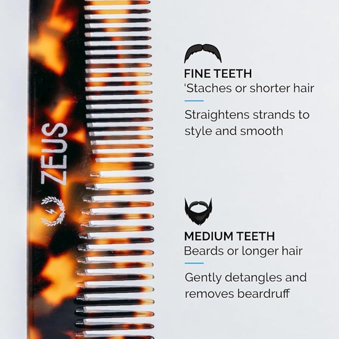 ZEUS Beard Comb for Men, 6” Saw-Cut Tortoiseshell Hair Comb (V12)