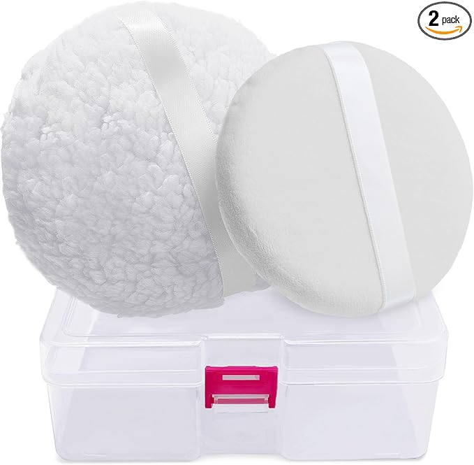 2pcs Powder Puffs, 6'' Powder Puff for Body and 5'' Dusting Powder Puff and Container, Extra Large, Fluffy Soft, Reusable&Washable