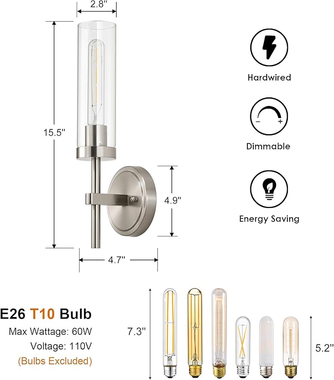 SANTOSTOCK Brushed Nickel Wall Sconces Set of 2, Hardwired Bathroom Sconces Vanity Light Fixture, Farmhouse Wall Mount Lamps for Mirror Living Room Bedroom Hallway