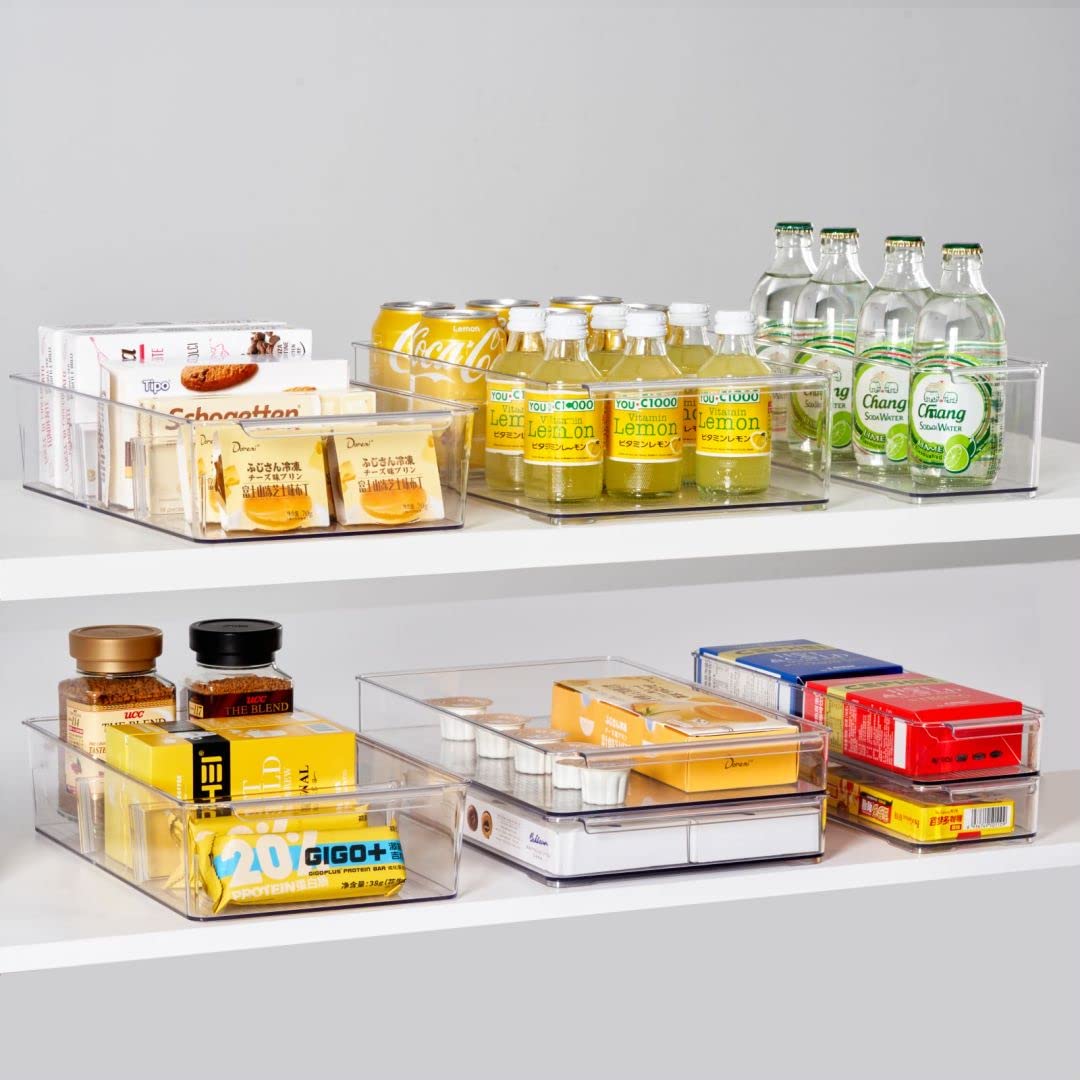 vacane Plastic Pantry Organization and Storage Bins with Removable Dividers, Pantry Organization Refrigerator Organizer Bins, Cabinet Organizers, 2 Pack 13.8" XL