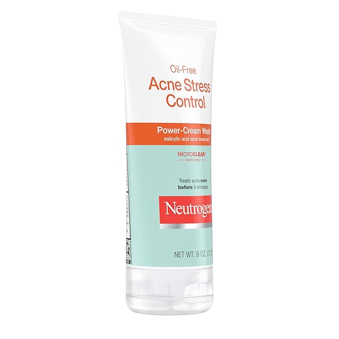 Neutrogena Oil-Free Acne Stress Control Power-Cream Face Wash with 2% Salicylic Acid Acne Treatment Medication, Soothing Daily Acne Facial Cleanser for Acne-Prone Skin Care, 6 foz