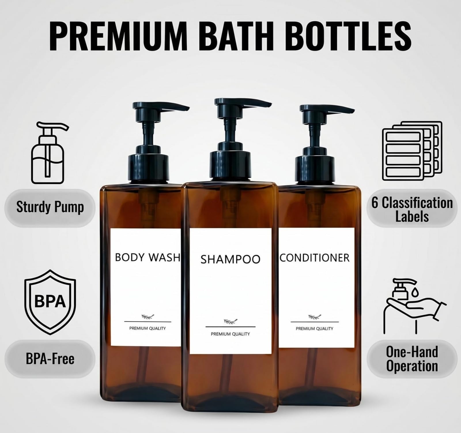 Shampoo and Conditioner Dispenser Set, 3Pack Refillable Shampoo and Conditioner Bottles with Labels, 500ml Soap Dispenser 16.9oz Shower Dispenser Square Pump Bottle for Bathroom and Kitchen - Amber