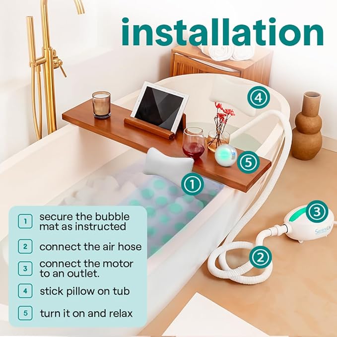 SereneLife Bubble Bath Mat - Portable Spa Bubble Bath Massager with Waterproof Bath Light & Pillow, Adjustable Bubble Intensity, Easy Button Control, Remote Control