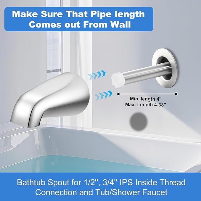 Universal Bath Tub Spout with Adapter, Bathtub Faucet Spout Without Diverter, 5" Length Bathtub Faucet for 1/2'', 3/4'' IPS Inside Thread Connection and Tub/Shower Faucet (Chrome)
