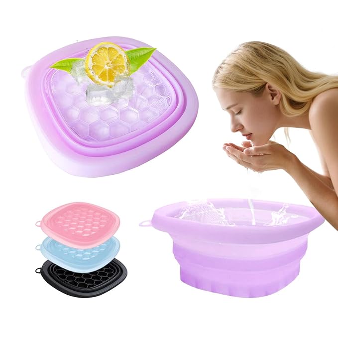 EBIGIC Face Bowl for Ice with Built-in IceTray,Collapsible Silicone Face Ice Bowl – Cold Plunge Therapy for Skin Tightening & Facial Treatment– Portable Spa Tool for Home & Travel（Purple)