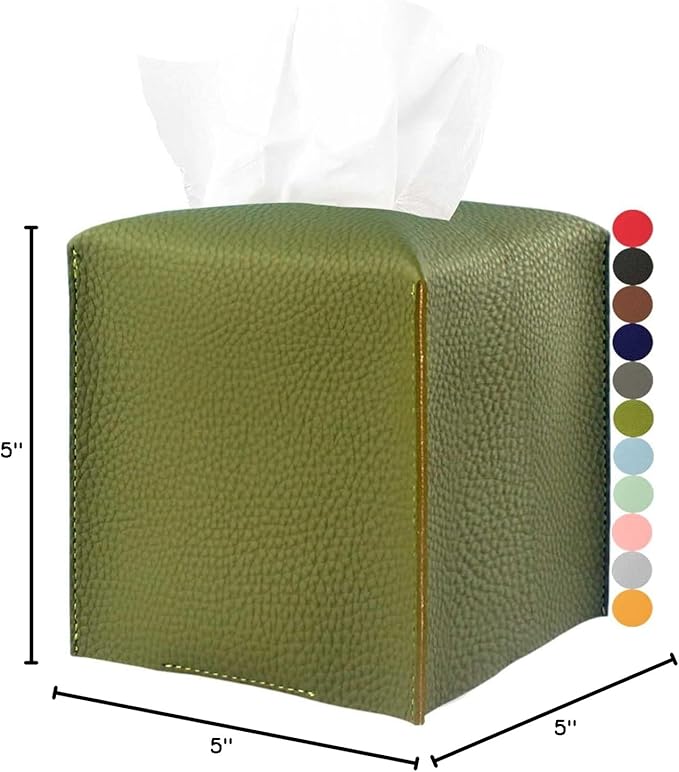 Green Tissue Box Cover Square – with Bottom Belt [JESMINI, ] PU Leather Green Tissue Box Holder Decorative for Bathroom Vanity Countertop/Night Stands/Office Desk, 5x5x5