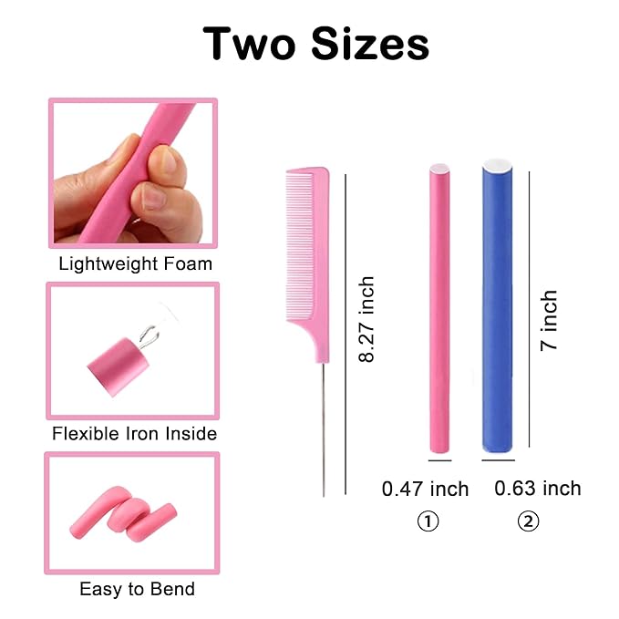 Beyoslf 36Pcs Flexible Hair Rollers and Curlers Set - 7" 0.63" & 0.47" Bendable Soft Foam Rods for Heatless Curling Short & Long Hair