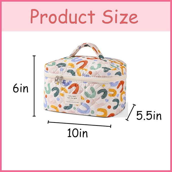 uekeboag Large Travel Quilted Makeup Bag for Women, Floral Cotton Cosmetic Bag, Coquette Aesthetic Floral Toiletry Organizer Bag (05White-UU)