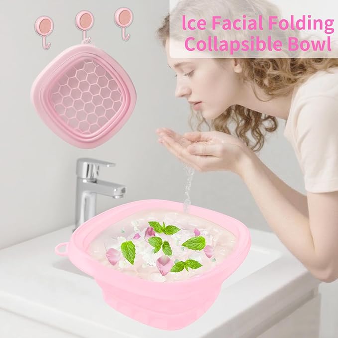 EBIGIC Face Bowl for Ice with Built-in IceTray,Collapsible Silicone Face Ice Bowl – Cold Plunge Therapy for Skin Tightening & Facial Treatment– Portable Spa Tool for Home & Travel（Pink) ﻿