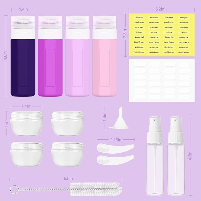 Redfly 17 Pack Travel Bottles for Toiletries, Tsa Approved 3oz Travel Size Containers, Leak Proof Travel Size Toiletries Bottles Silicone, BPA Free Refillable Shampoo Conditioners Kit, Purple