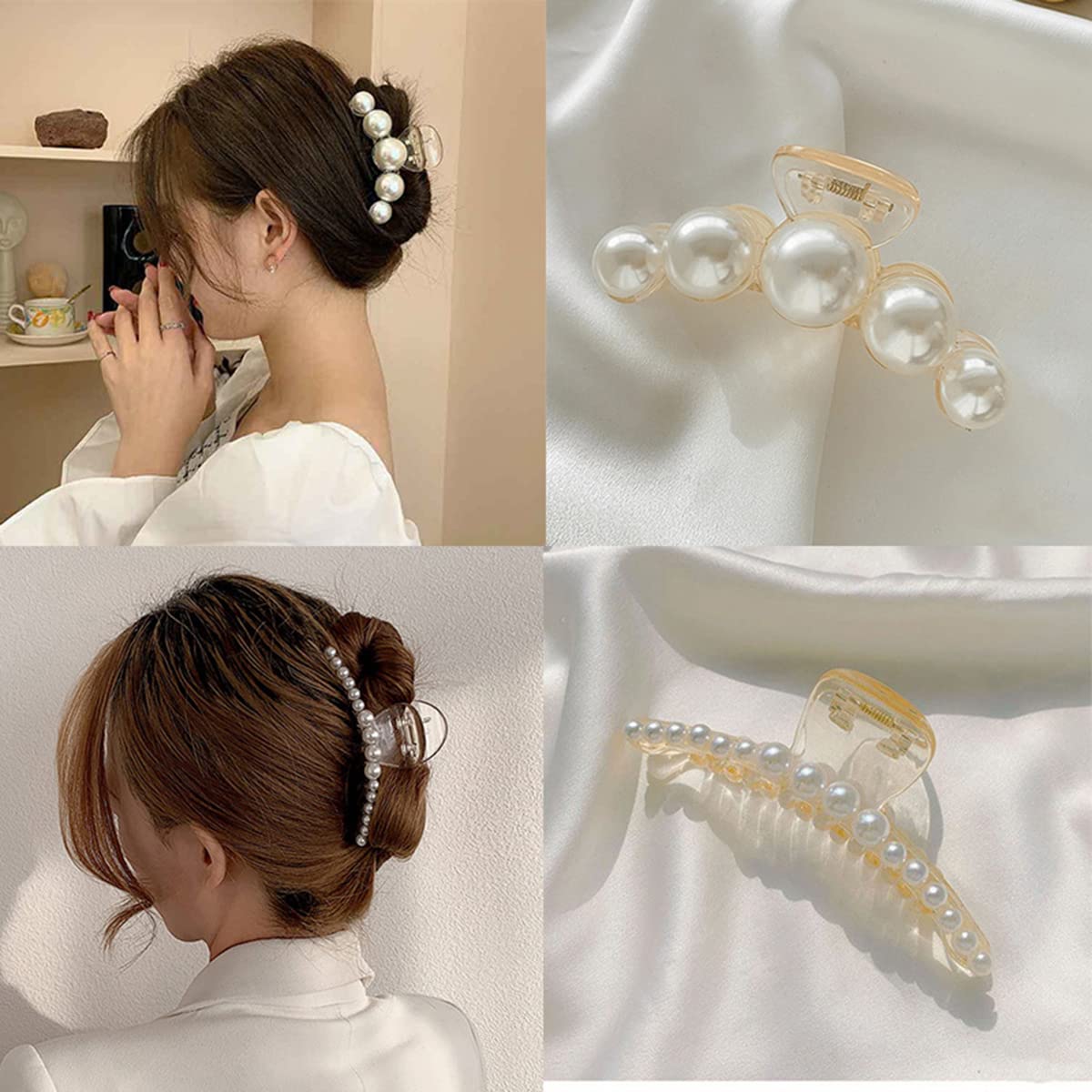 Mehayi 4 PCS Large Pearl Hair Claw Clips for Women and Girls, Non-Slip Hair Barrettes for Thick and Thin Hair, Elegant Hair Accessories for Weddings, Parties, and Daily Styling