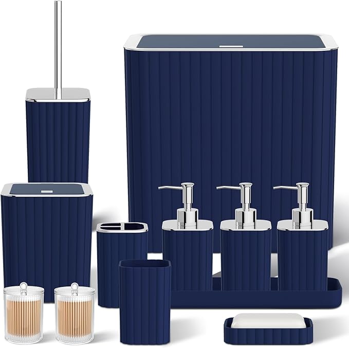 InnJoey Bathroom Accessory Set - Bathroom Set, 27PC Bathroom Accessories Set, Navy Blue Bathroom Sets with Shower Curtain and Rugs, Mini Trash Can, Toilet Brush, Trash Can & Soap Dispenser