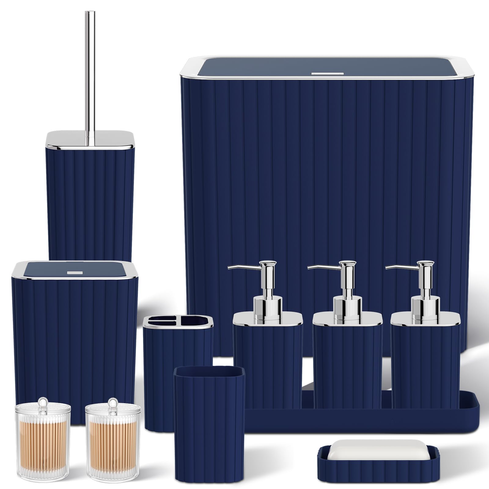 InnJoey Bathroom Accessory Set - Bathroom Set, 27PC Bathroom Accessories Set, Navy Blue Bathroom Sets with Shower Curtain and Rugs, Mini Trash Can, Toilet Brush, Trash Can & Soap Dispenser