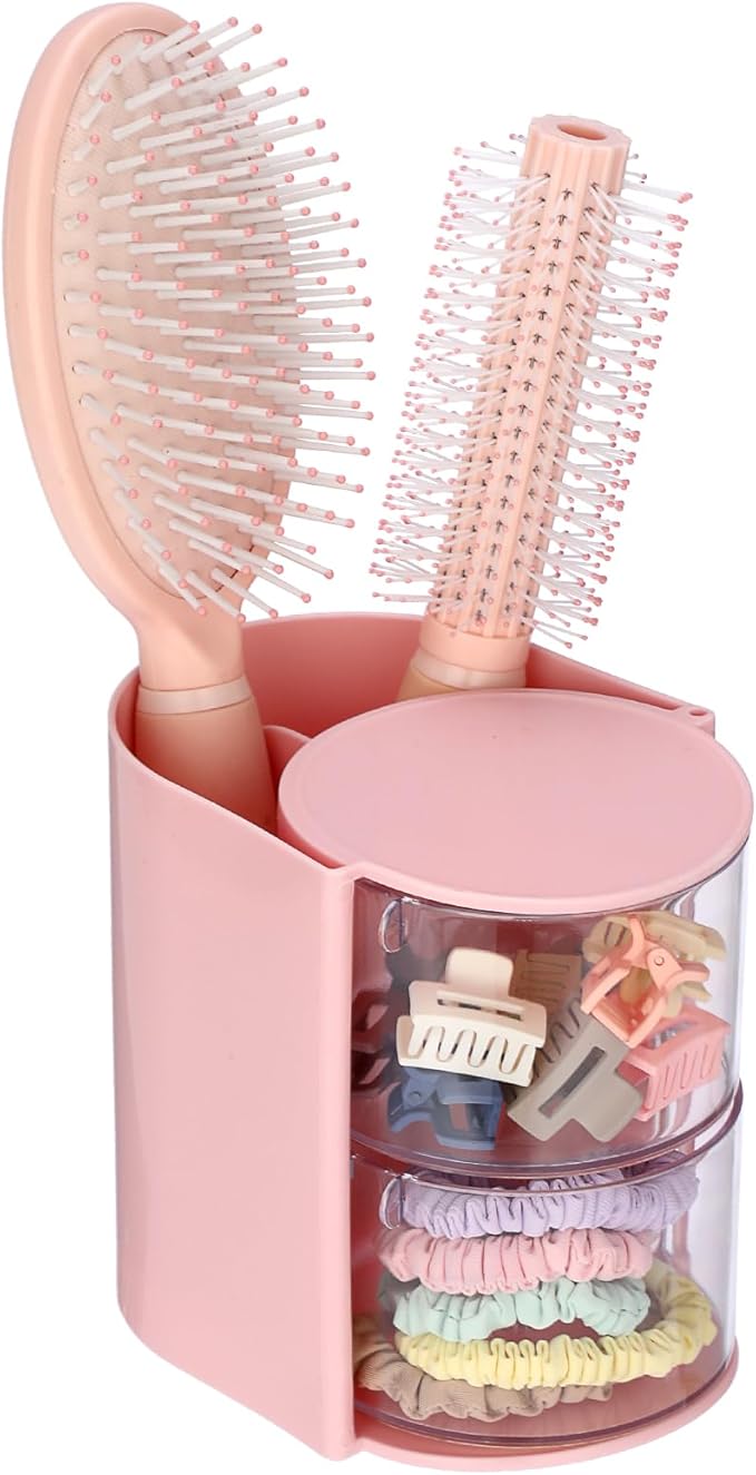GUSHBIN Hair Accessories Organizer with Brush Holder Rotating Hair Clips Container Hair Organizer Storage Box for Bathroom Countertop, Pink