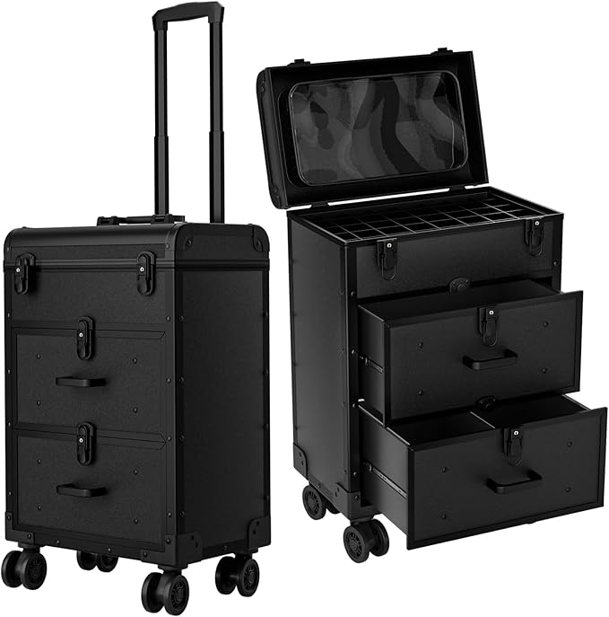 ALUROICE Large Rolling Makeup Train Case, Professional Travel Cosmetology Case on Wheels with Drawers, 3 Tiers Nail Organizers Storage Case for Nail Tech, Tattoo, Hairstylist, Makeup, Large