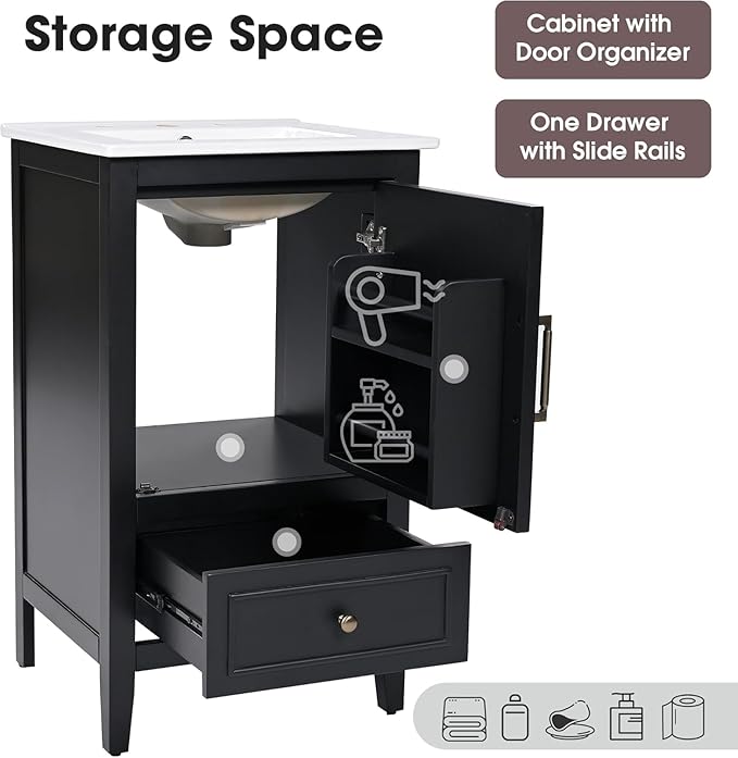 Bellemave 20-inch Bathroom Vanity with Ceramic Sink Combo Set, Solid Wood Frame Bathroom Storage Cabinet with Drawer and Soft Closing Cabinet Door with Storage Rack, Black