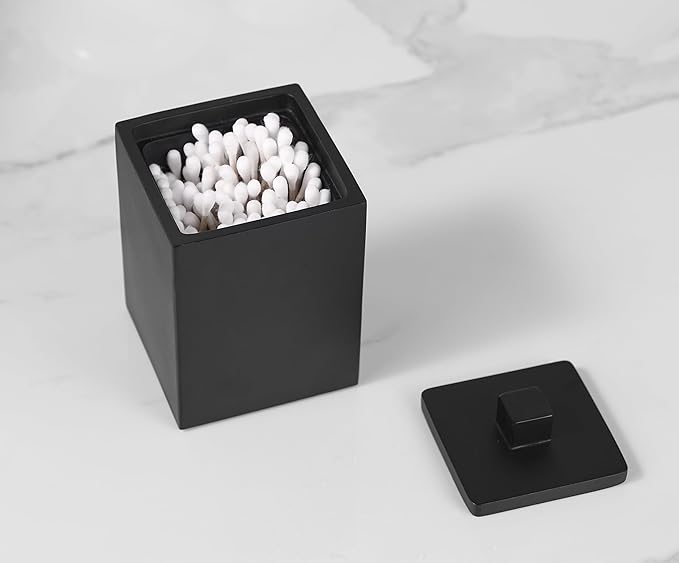 Joitsvia Resin Square Canister with Lid, Bathroom Qtip Holder, Cosmetics Makeup Accessories Storage for Makeup Sponge Bath Salts Storage Christmas Birthday Anniversary, Matte Black