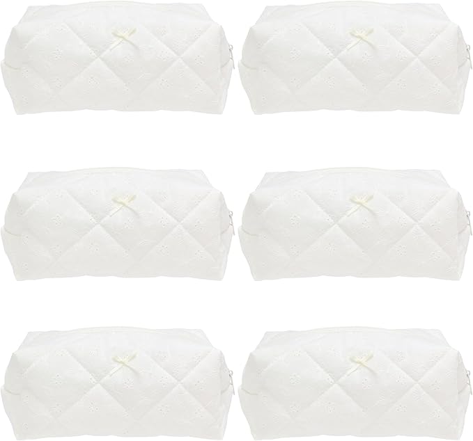 Cozy Makeup Bag for Women,Zipper Cosmetic Pouch,Embroidery White,6 Pack