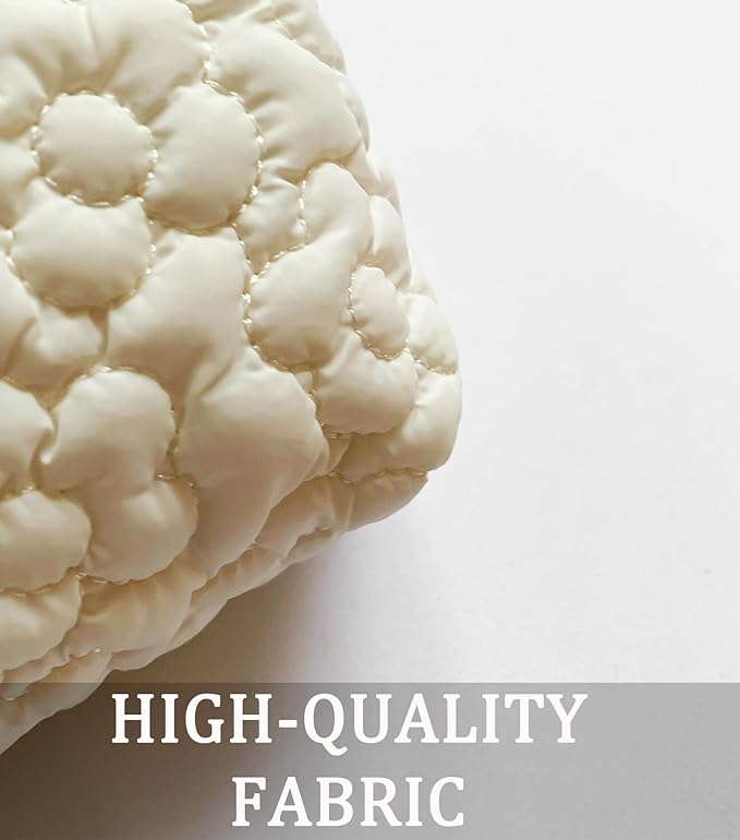 HFLZBRO Puffy Quilted Makeup Bag, Cosmetic Bag, Travel Toiletry Organizer Pouch, Clutch for Wom (White Flower)