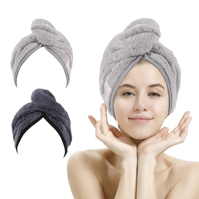 M-bestl 2 Pack Hair Drying Towels, Anti-frizz Hair Towel Wrap, Absorbent Microfiber Hair Towel Turban with Button Design for Straight Curly Hair (Dark Gray&Light Gray)