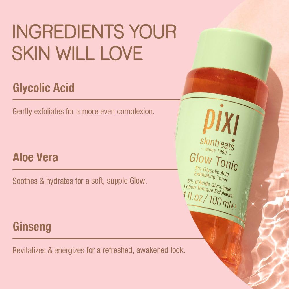Pixi Glow Tonic Balancing Face Toner Glycolic Acid for Radiant Skin Daily Brightening Toner (3.4 fl oz / 100 ml)