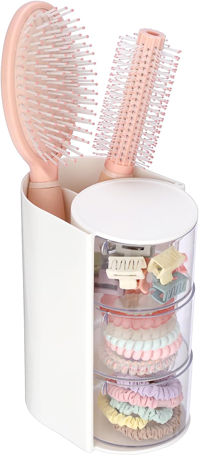 GUSHBIN Rotating Hair Accessories Organizer with Comb Holder Plastic Hair Clips Storage Container Cosmetic Storage Box for Makeup Sponge Brush, 3-Layer White