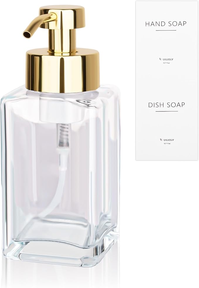 Foaming Soap Dispenser with Stainless Steel Pump, 12oz Refillable Glass Liquid Dish Soap Bottles for Bathroom, Kitchen Sink, Home Decor