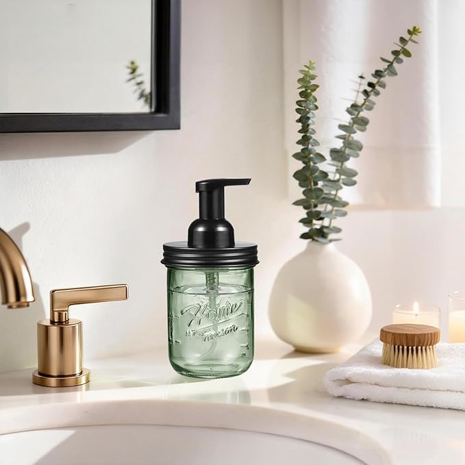 SheeChung Mason Jar Foaming Soap Dispenser, Stainless Steel Lid, BPA Free Pump, Green Glass Foam Hand Soap Dispenser, 16Oz Refillable Liquid Foam Dispenser Bottle for Bathroom Kitchen, Dish Soap-Black