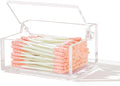 Dealpoli Clear Acrylic Qtip Holder with Lid, Cotton Balls Swab Organizer, 3.9" x 2.8" x 2" Dispenser for Makeup Pad, Floss Picks, Bath Salts, Cosmetic Storage Case, Home Bathroom Decor (DP051)