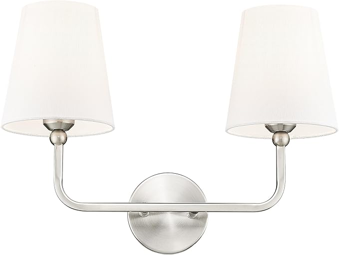 2-Light Bathroom Light Fixtures, Brushed Nickel Vanity Lights, Double Wall Sconce with Flared White Fabric Shade, Modern Sconces Wall Lighting for Hallway Bedroom Stairway, VL837-BN-2