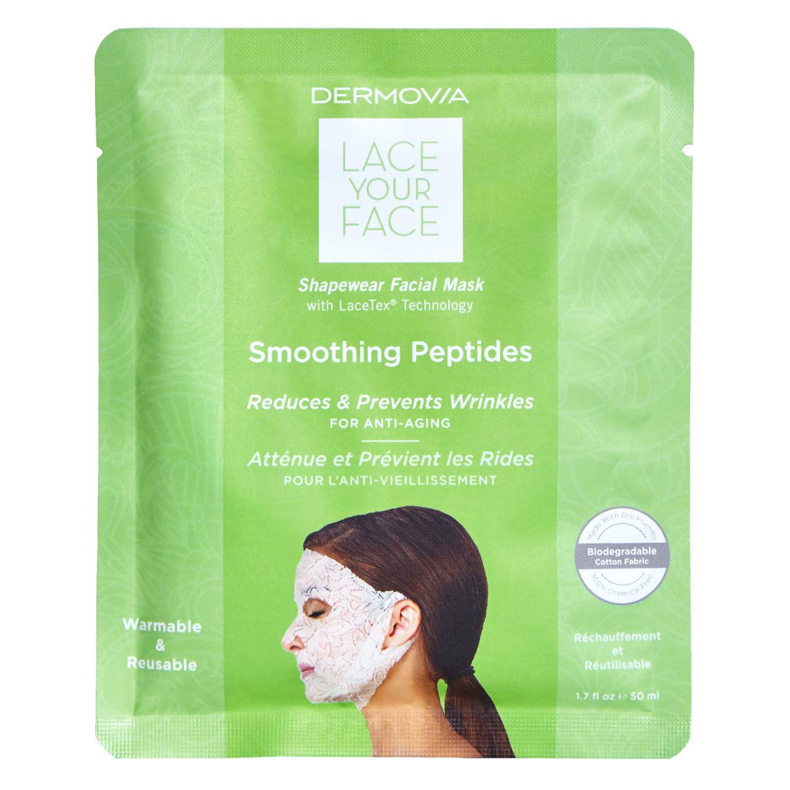 DERMOVIA LACE YOUR FACE Patented Compression Facial Mask, AS SEEN ON SHARK TANK, Reusable Biodegradable Cotton Anti Aging Skin Care, Smoothing Peptides, 4 pack
