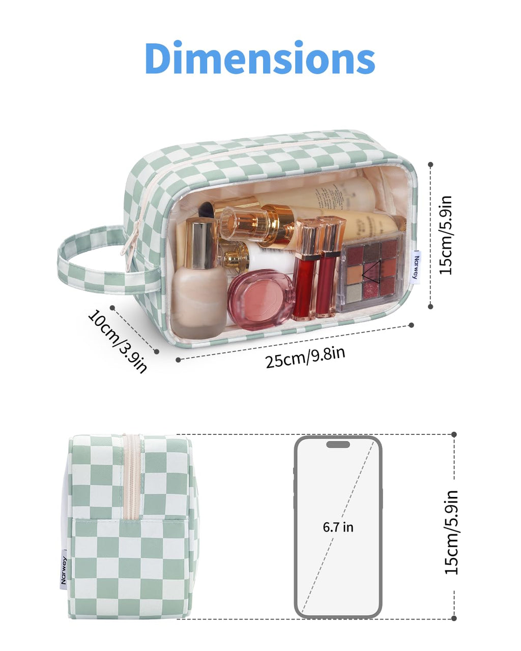 Narwey Clear Toiletry Bags for Traveling Women Men, Clear Travel Bags for Toiletries Makeup Bag Cosmetic Bag with Zipper, Make Up Organizer, Skincare Bag (Mint Green Checkerboard)