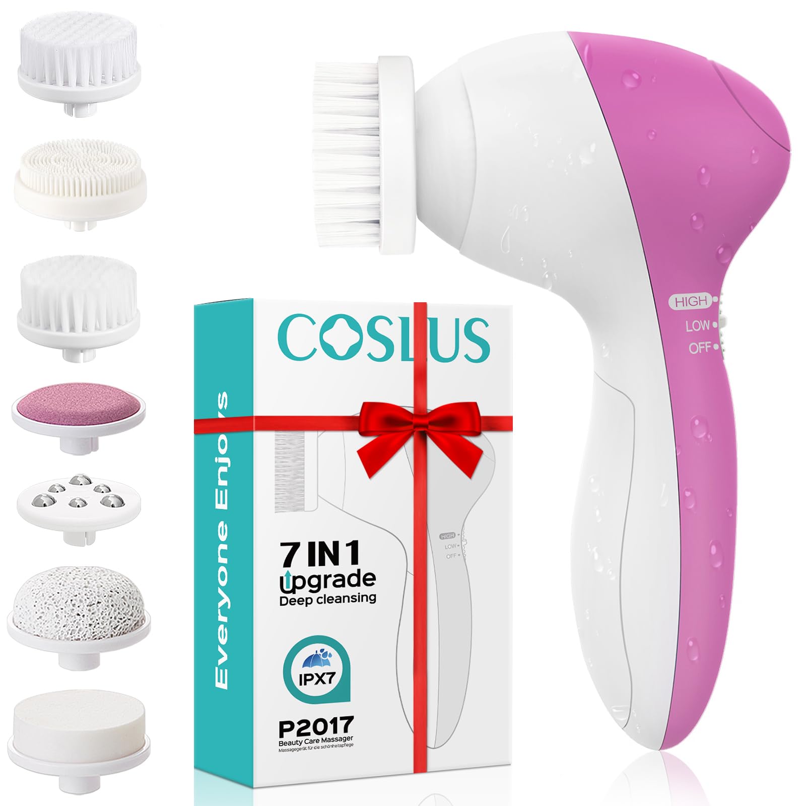 COSLUS Facial Cleansing Brush Face Scrubber, 7-in-1 Rotating Design