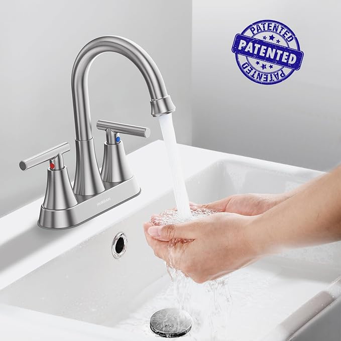 Bathroom Faucets for Sink 3 Hole, Hurran 4 inch Brushed Nickel Bathroom Sink Faucet with Pop-up Drain and Supply Lines, Stainless Steel Centerset Faucets for Sink Vanity RV