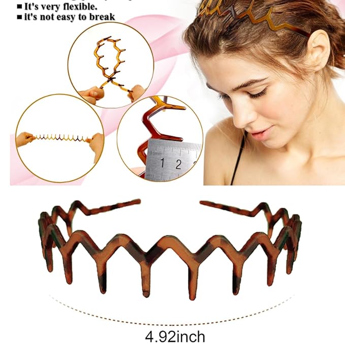 Vrose Flosi Zig Zag Headbands - Flexible Comb Headband for All Hair Types & Slicked Back Styles - No Headache Gentle Grip Wavy Hairband - Lightweight 90s Retro Hair Accessories Gifts for Women & Men