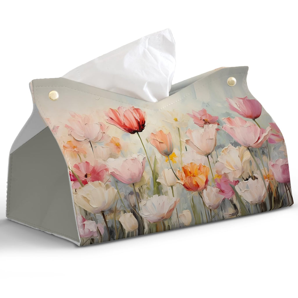 PaJiaNi Spring Floral Leather Tissue Box Cover Rectangle, Tulip Flower Toilet Paper Box Holder,Flower Decorative Facial Paper Case for Farmhouse Living Room Bathroom Kitchen Office Desk,9.8x5.9x5.9In