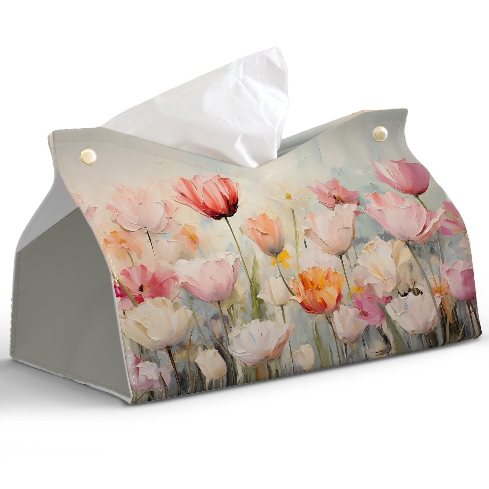 PaJiaNi Spring Floral Leather Tissue Box Cover Rectangle, Tulip Flower Toilet Paper Box Holder,Flower Decorative Facial Paper Case for Farmhouse Living Room Bathroom Kitchen Office Desk,9.8x5.9x5.9In