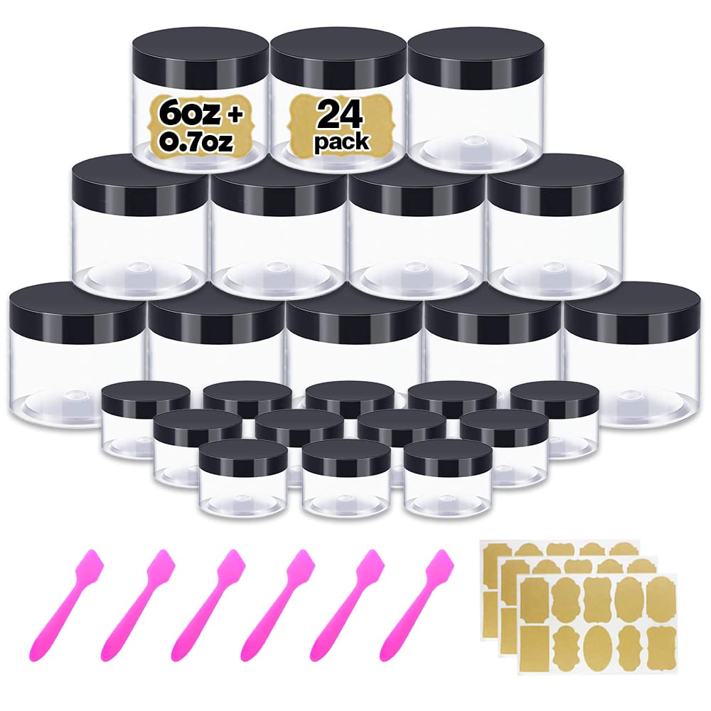 6 oz Small Plastic Containers with Lids + 20g/20ml Small Plastic Jars with Lids Cosmetic Sample Jar (24 Pack) - for Lip Scrub, Body Butters, Cream, Slime, Craft Storage