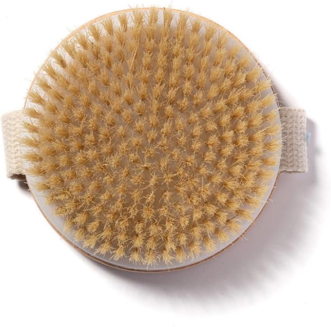HiKin Round Wooden Natural Bristles Dry Bath Body Brush, Dia4.3” Handheld Shower Brush Back Scrubber for Exfoliating, Cellulite and Detox, etc.