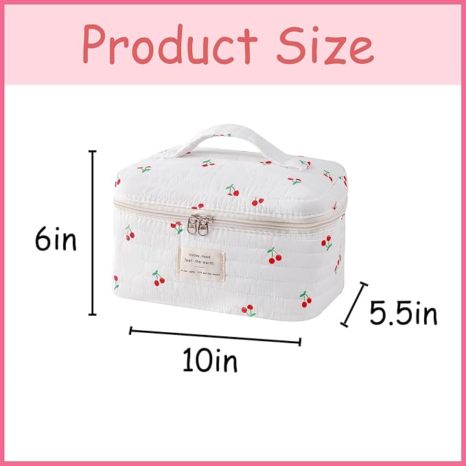 uekeboag Large Travel Quilted Makeup Bag for Women, Floral Cotton Cosmetic Bag, Coquette Aesthetic Floral Toiletry Organizer Bag(12Striated Cherry