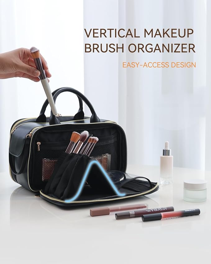 Prite Makeup Bag for Women, Large Capacity Waterproof Travel Cosmetic Organizer, Portable Open Flat Toiletry Bag with Free-standing Brush Holder and Handle(Black Large)