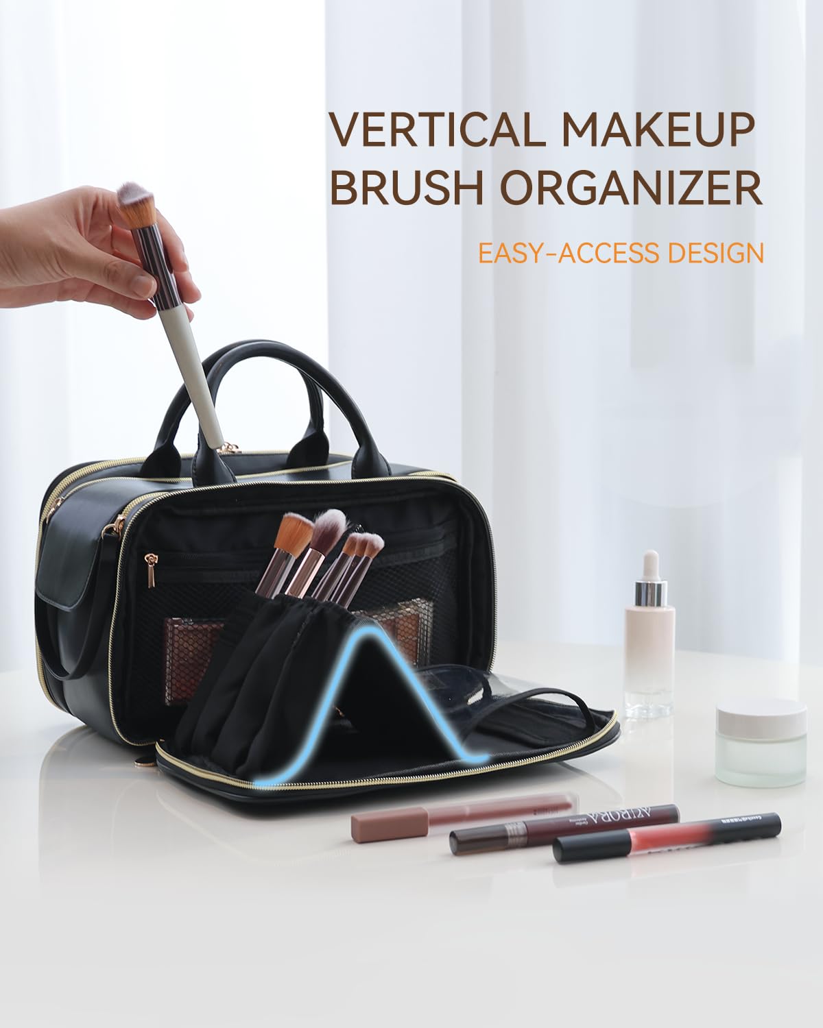 Prite Large Makeup Bag, Waterproof Travel Cosmetic Case with Brush Holder