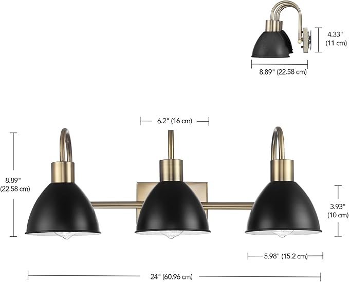 GLOBE Electric 63000058 5-Piece All-in-One Bathroom Accessory Set, Brass & Black, 3-Light Vanity Light, Towel Bar, Toilet Paper Holder, Towel Ring, Robe Hook, Bathroom Lights Over Mirror