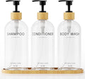 Shampoo and Conditioner Dispenser Set,Shower Soap Dispenser for Bathroom,Refillable Shampoo and Conditioner Bottles with Bamboo Pump and Tray,Soap Dispenser Bathroom for Shower (Transparent, 3-Pack)