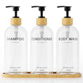 Shampoo and Conditioner Dispenser Set,Shower Soap Dispenser for Bathroom,Refillable Shampoo and Conditioner Bottles with Bamboo Pump and Tray,Soap Dispenser Bathroom for Shower (Transparent, 3-Pack)