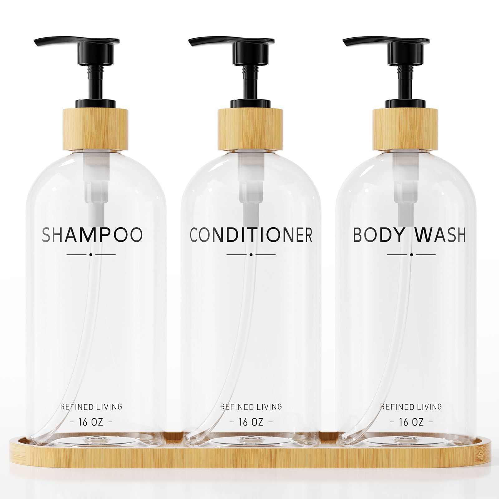 Shampoo and Conditioner Dispenser Set,Shower Soap Dispenser for Bathroom,Refillable Shampoo and Conditioner Bottles with Bamboo Pump and Tray,Soap Dispenser Bathroom for Shower (Transparent, 3-Pack)