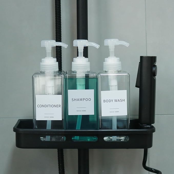 Shampoo and Conditioner Dispenser, Refillable Plastic Shampoo Pump Bottles with Waterproof Labels, Empty Body Wash Dispenser Set for Bathroom, Shower Soap Bottles (Clear, Set of 3, 16.9oz)