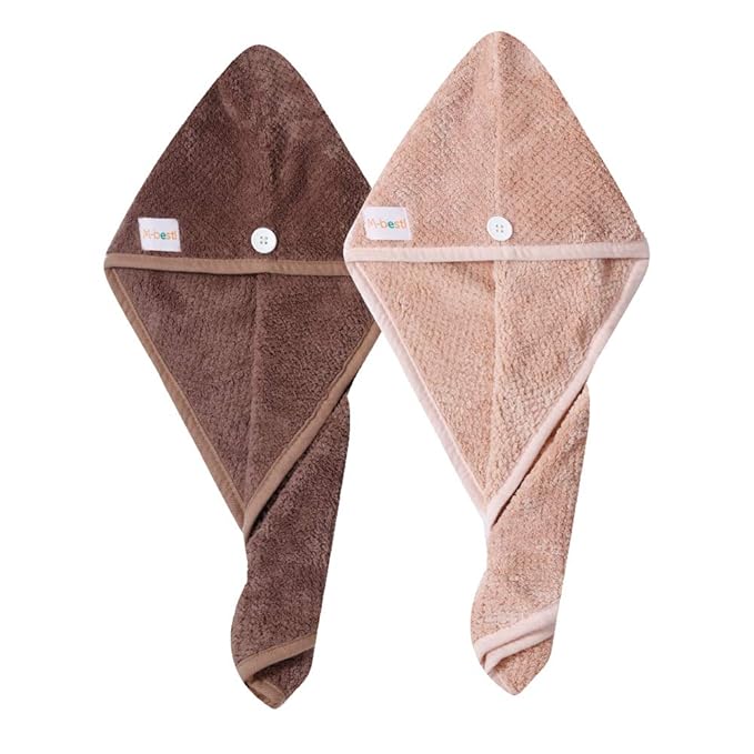 M-bestl 2 Pack Hair Drying Towels, Hair Wrap Towels, Absorbent Microfiber Hair Towel Turban with Button Design to Dry Hair Quickly(Coffee& Pink)