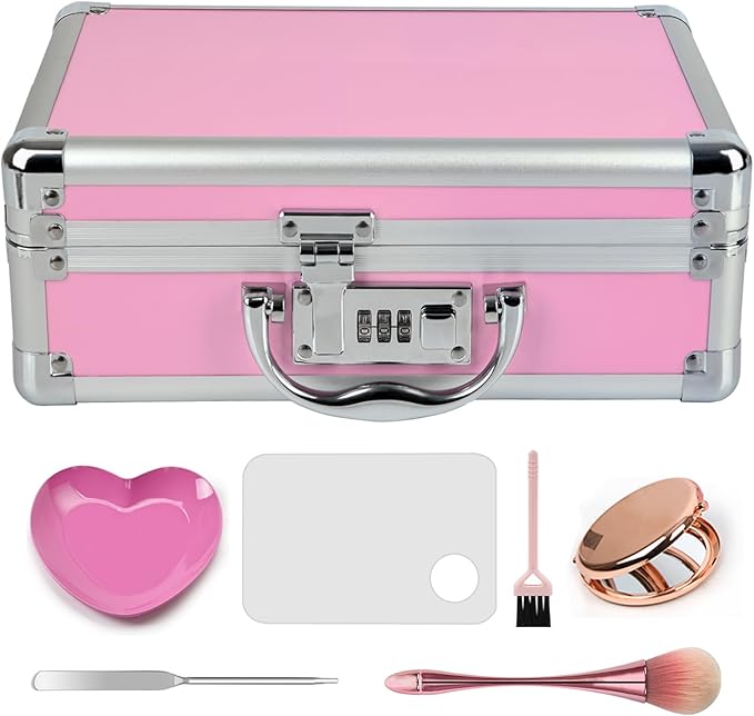 HUONIC Large Portable Cosmetic Box with 6 Accessories, Aluminum Makeup Storage Lock Case. 11.2 X 8 X 3.9 Inches, Great Gift for Women. (Pink)
