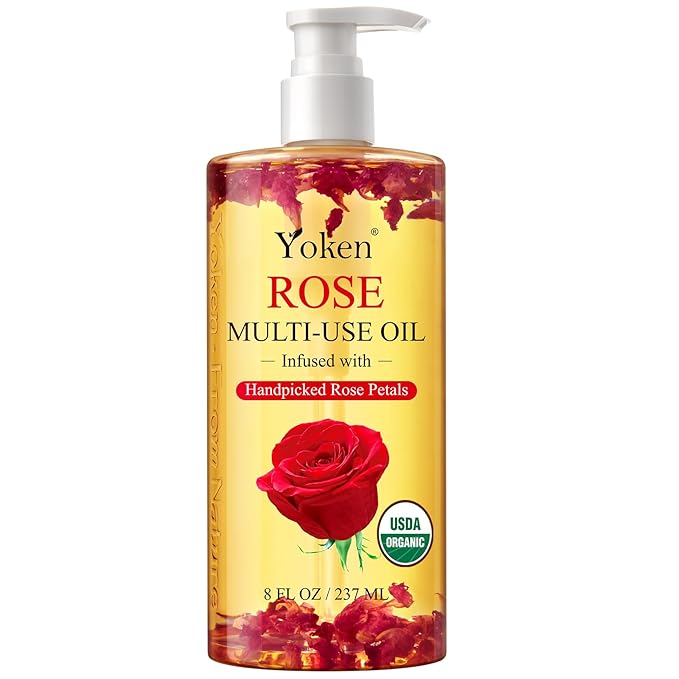 Organic Rose Multi-Use Body Oil For Skin Body, USDA Certified with Petals